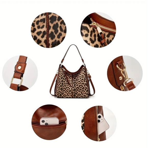 Luxurious Large Capacity Vintage Leopard Print vegan Leather Tote Bag - Picture 4 of 5